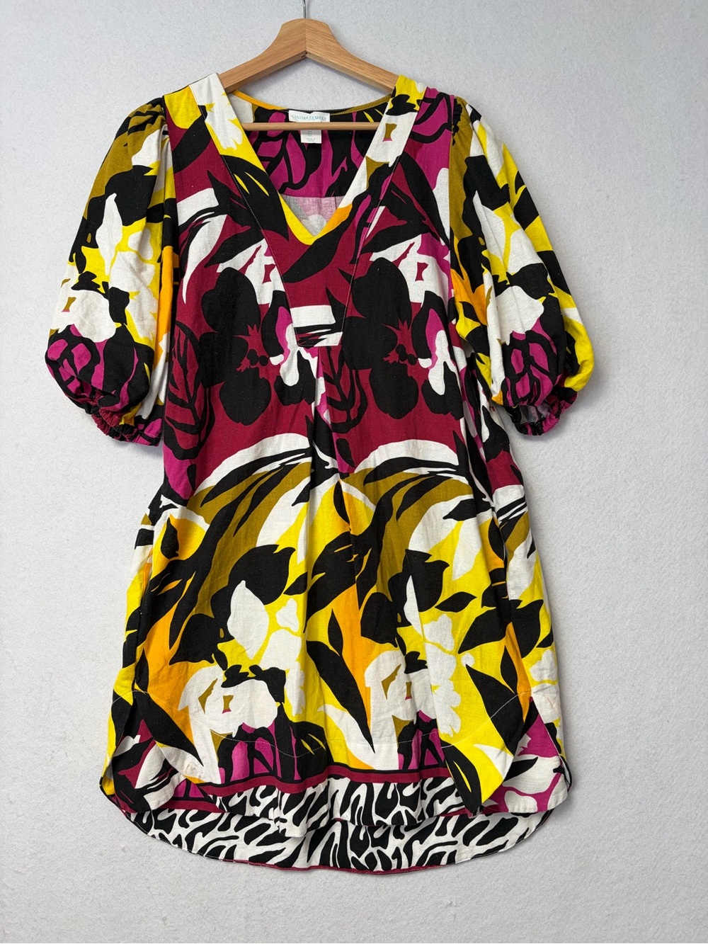 Cynthia Rowley Linen Blend Abstract Botanical Print Puff Sleeve Tunic Dress